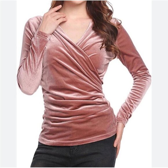 Meaneor Womens Top Size Small V-Neck Cross Faux Wrap Ruched Waist Long Sleeves - Picture 2 of 7